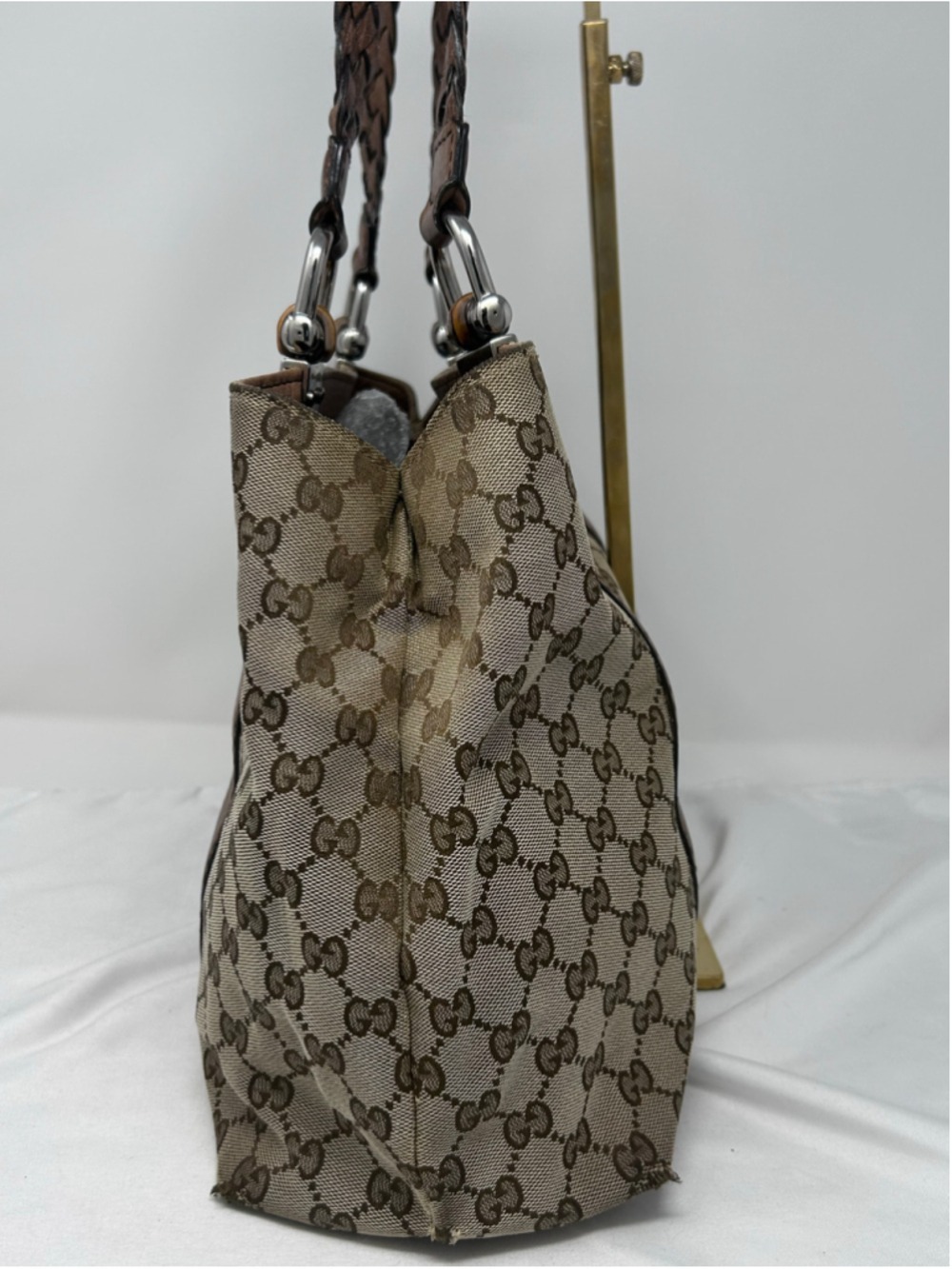 Gucci GG Canvas Bamboo Bar Tote Beige Monogram Shoulder Bag Leather - Picture 5 of 16